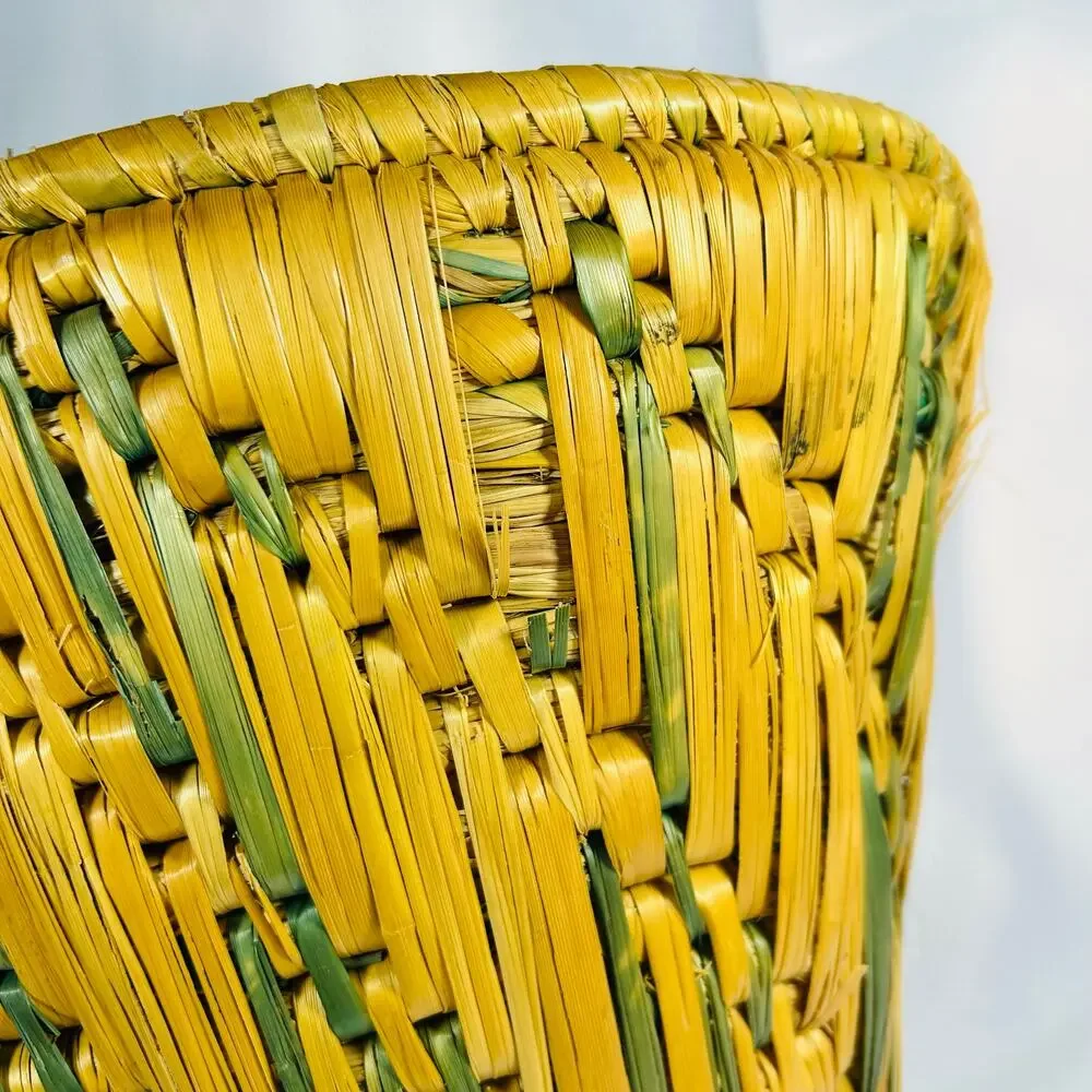 Vintage Handmade Grass Woven Basket waste bin planter trash MCM